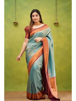 Anjaneya Sarees - Banarasi Woven Teal Saree With Unstitched Blouse