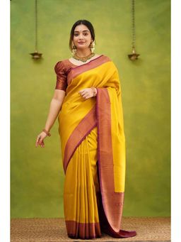 Anjaneya Sarees - Banarasi Woven Yellow Saree With Unstitched Blouse
