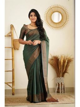Anjaneya Sarees - Banarasi Woven Green Saree With Unstitched Blouse