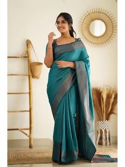 Anjaneya Sarees - Banarasi Woven Blue Saree With Unstitched Blouse
