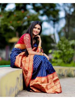 Anjaneya Sarees - Banarasi Woven Blue Saree With Unstitched Blouse