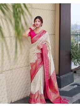 Anjaneya Sarees - Banarasi Woven Beige Saree With Unstitched Blouse