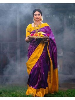 Anjaneya Sarees - Banarasi Woven Purple Saree With Unstitched Blouse