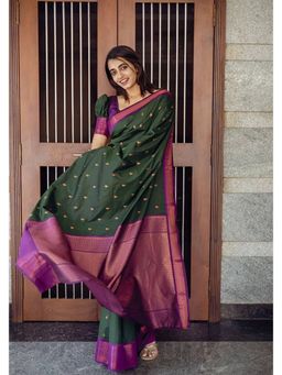 Anjaneya Sarees - Banarasi Woven Green Saree With Unstitched Blouse