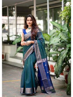 Anjaneya Sarees - Banarasi Woven Teal Saree With Unstitched Blouse