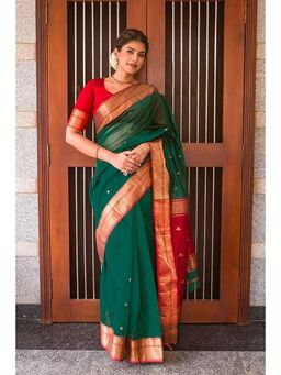 Anjaneya Sarees - Banarasi Woven Green Saree With Unstitched Blouse