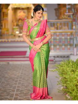 Anjaneya Sarees - Banarasi Woven Green Saree With Unstitched Blouse