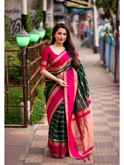 Anjaneya Sarees - Banarasi Woven Green Saree With Unstitched Blouse