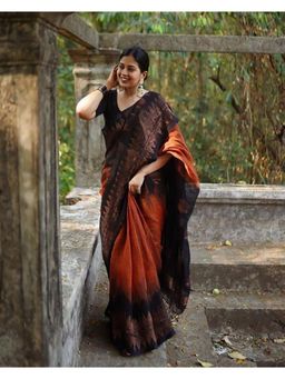 Anjaneya Sarees - Banarasi Woven Orange Saree With Unstitched Blouse