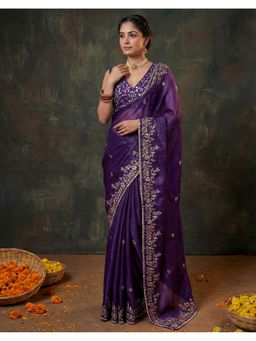 SATRANI - Purple Sequins Embroidery Tissue Satin Saree with Unstitched Blouse