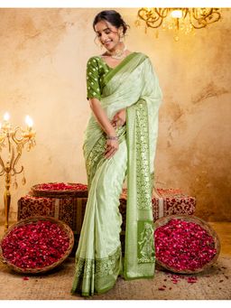 SATRANI - Green Foil Printed Crepe Silk Saree with Unstitched Blouse