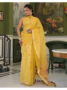 SATRANI - Mustard Woven and Tassels Chanderi Saree with Unstitched Blouse