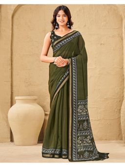 SATRANI - Green Printed Chanderi Silk Saree with Unstitched Blouse