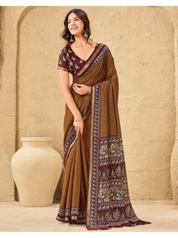 SATRANI - Brown Printed Chanderi Silk Saree with Unstitched Blouse