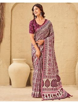 SATRANI - Purple Printed Linen Saree with Unstitched Blouse