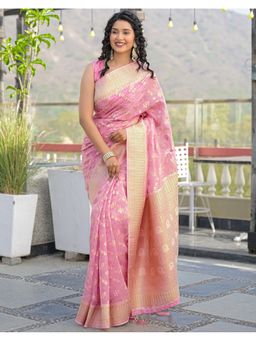 SATRANI - Pink Woven and Tassels Silk Saree with Unstitched Blouse