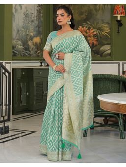 SATRANI - Turquoise Woven and Tassels Silk Saree with Unstitched Blouse