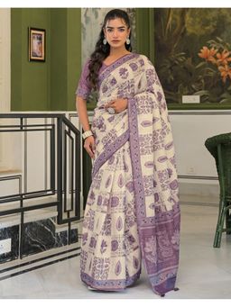 SATRANI - Purple Printed Silk Saree with Unstitched Blouse