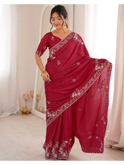 SATRANI - Pink Embroidery Sequin Work and Saree with Unstitched Blouse