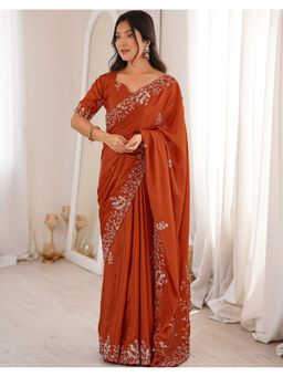 SATRANI - Rust Embroidery Sequin Work and Saree with Unstitched Blouse