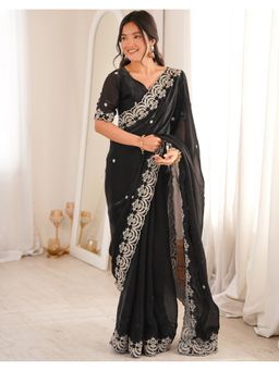 SATRANI - Black Embroidery Sequin Work and Scalloped Border Saree with Unstitched Blouse