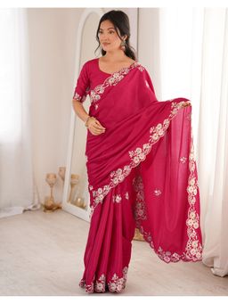 SATRANI - Pink Embroidery Sequin Work and Saree with Unstitched Blouse