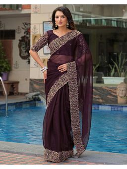 SATRANI - Wine Embroidery and Scalloped Border Chiffon Saree with Unstitched Blouse