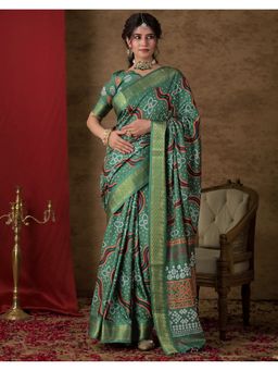 SATRANI - Green Bandhani Printed Silk Saree with Unstitched Blouse