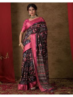 SATRANI - Black Floral Printed Silk Saree with Unstitched Blouse