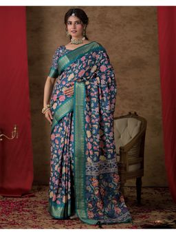 SATRANI - Blue Printed Silk Saree with Unstitched Blouse