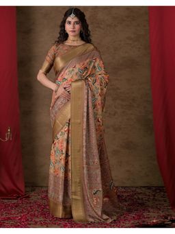 SATRANI - Brown Printed Silk Saree with Unstitched Blouse