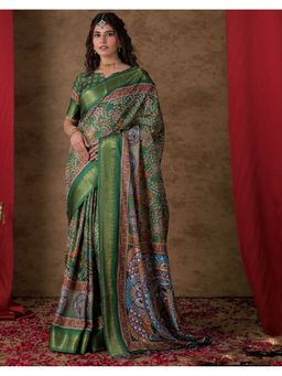 SATRANI - Green Printed Silk Saree with Unstitched Blouse