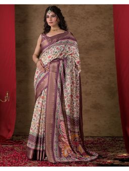 SATRANI - Off White Printed Silk Saree with Unstitched Blouse