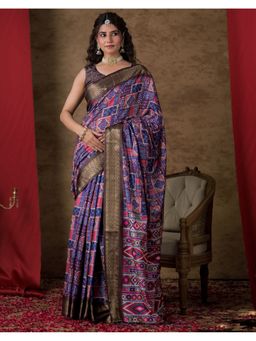 SATRANI - Purple Printed Silk Saree with Unstitched Blouse