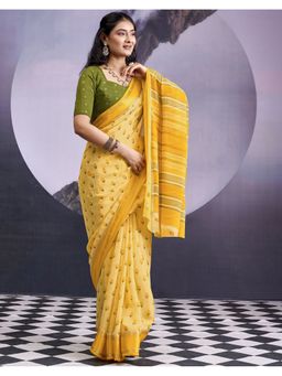 SATRANI - Yellow Floral Printed Georgette Saree with Unstitched Blouse