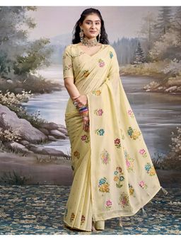 SATRANI - Yellow Foil Printed Chiffon Saree with Unstitched Blouse