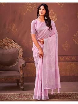 SATRANI - Pink Woven and Tassels Linen Saree with Unstitched Blouse
