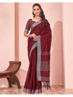 SATRANI - Maroon Woven and Tassels Linen Saree with Unstitched Blouse