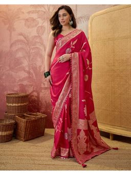 SATRANI - Pink Zari Woven and Tassels Silk Saree with Unstitched Blouse