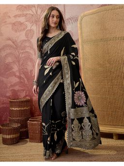 SATRANI - Black Zari Woven and Tassels Silk Saree with Unstitched Blouse
