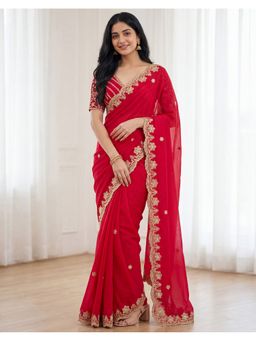 SATRANI - Red Sequins Embroidery Saree with Unstitched Blouse