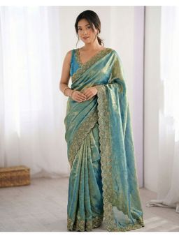 SATRANI - Blue Stone Work and Scalloped Border Saree with Unstitched Blouse