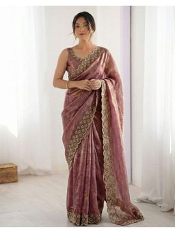 SATRANI - Mauve Stone Work and Scalloped Border Saree with Unstitched Blouse