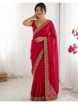 SATRANI - Red Stone Work and Scalloped Border Saree with Unstitched Blouse