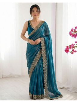 SATRANI - Blue Stone Work and Scalloped Border Saree with Unstitched Blouse