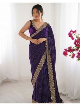 SATRANI - Purple Stone Work and Scalloped Border Saree with Unstitched Blouse