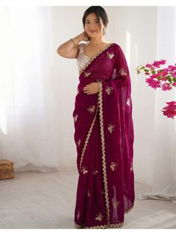 SATRANI - Wine Sequins Embroidery Saree with Unstitched Blouse