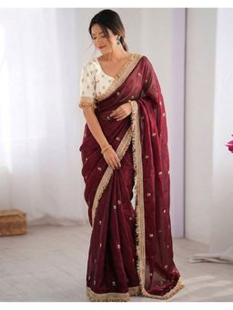 SATRANI - Maroon Embroidery Sequins Saree with Unstitched Blouse