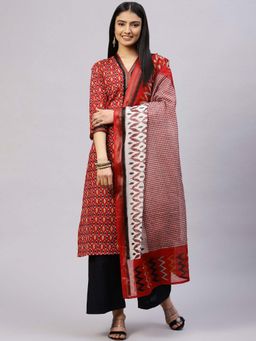 Biba - Red Cotton Unstitched Suit Set (Set of 3)