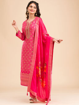Koskii - Rani Pink Zari Work Semi Crepe Kurta with Trouser and Dupatta (Set of 3)